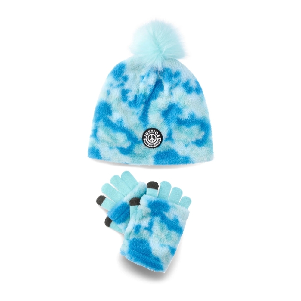 Justice Girls Leopard Print Faux Shearling Beanie & Gloves 2-Piece Set, Blue NWT